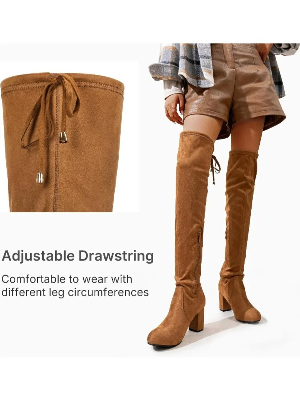 Women's Camel Chunky Heel Round Toe Side Zipper Over The Knee Thigh High Boots